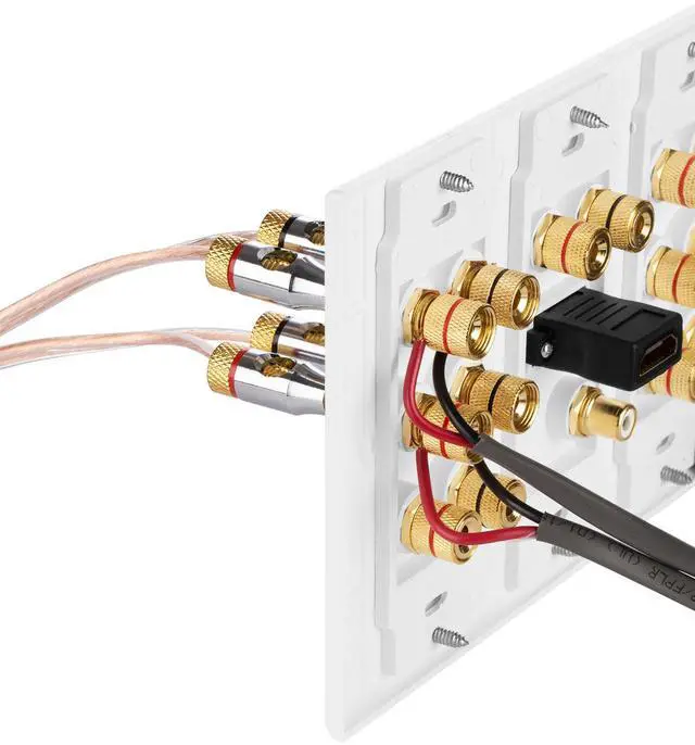 Alt view image 7 of 7 - Fosmon 3-Gang 7.1 Surround Sound Distribution Wall Plate with Gold-Plated 7-Pair Copper Binding Posts, 1 RCA Jack, 1 High Speed HDMI 2.0 Port