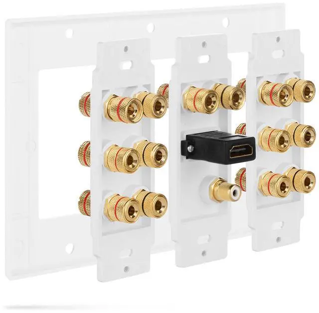 Alt view image 5 of 7 - Fosmon 3-Gang 7.1 Surround Sound Distribution Wall Plate with Gold-Plated 7-Pair Copper Binding Posts, 1 RCA Jack, 1 High Speed HDMI 2.0 Port