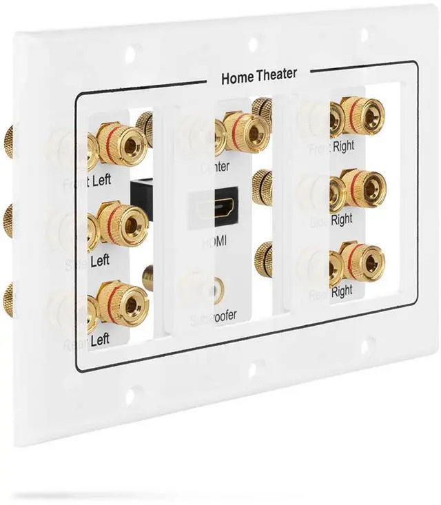 Alt view image 4 of 7 - Fosmon 3-Gang 7.1 Surround Sound Distribution Wall Plate with Gold-Plated 7-Pair Copper Binding Posts, 1 RCA Jack, 1 High Speed HDMI 2.0 Port