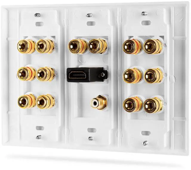 Alt view image 3 of 7 - Fosmon 3-Gang 7.1 Surround Sound Distribution Wall Plate with Gold-Plated 7-Pair Copper Binding Posts, 1 RCA Jack, 1 High Speed HDMI 2.0 Port