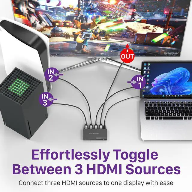 Alt view image 5 of 7 - Fosmon 3-Port 8K HDMI 2.1 Switch with Remote Control, HDCP 2.3 HDMI Switcher, 3x1 HDMI Splitter for PS5, Xbox X, Apple TV