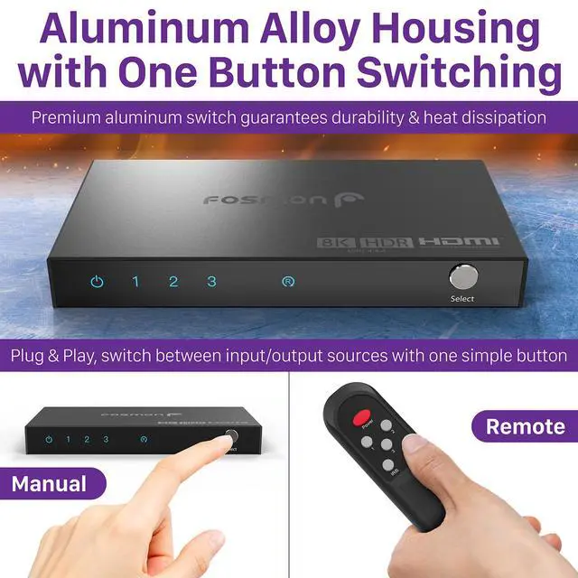Alt view image 6 of 7 - Fosmon 3-Port 8K HDMI 2.1 Switch with Remote Control, HDCP 2.3 HDMI Switcher, 3x1 HDMI Splitter for PS5, Xbox X, Apple TV