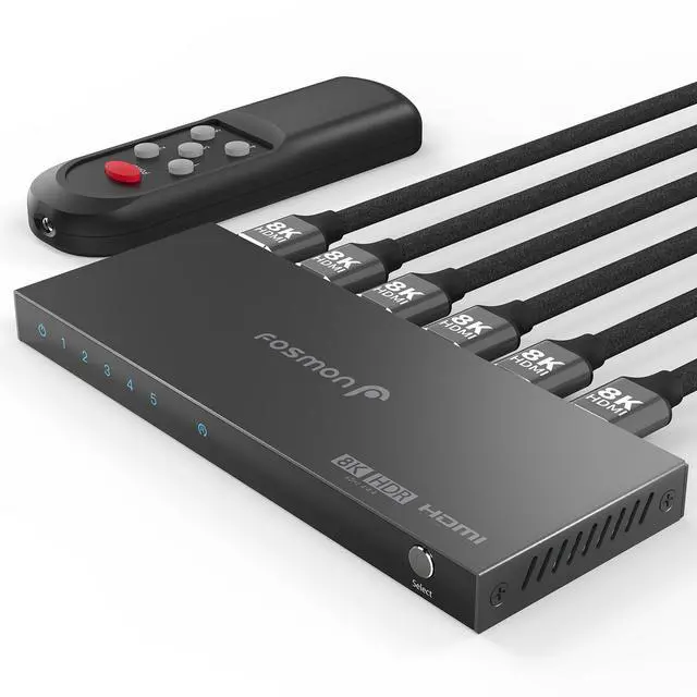 Main image of Fosmon 5-Port 8K HDMI 2.1 Switch with Remote Control, HDCP 2.3 HDMI Switcher, 5x1 HDMI Splitter for PS5, Xbox X, Apple TV