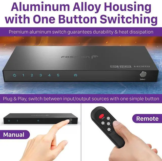 Alt view image 6 of 6 - Fosmon 5-Port 8K HDMI 2.1 Switch with Remote Control, HDCP 2.3 HDMI Switcher, 5x1 HDMI Splitter for PS5, Xbox X, Apple TV