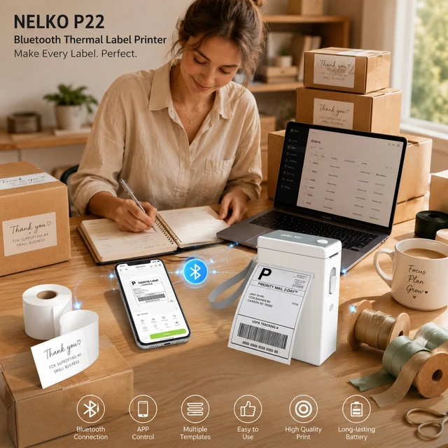 Alt view image 2 of 5 - Nelko P22 Bluetooth Label Maker with 100 & 180 Label Rolls, Portable Inkless Thermal Label Printer, Rechargeable USB-C, QR Code & Barcode Labels for Home, Office & School - White