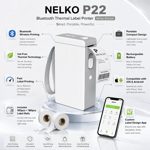 Alt view image 3 of 5 - Nelko P22 Bluetooth Label Maker with 100 & 180 Label Rolls, Portable Inkless Thermal Label Printer, Rechargeable USB-C, QR Code & Barcode Labels for Home, Office & School - White