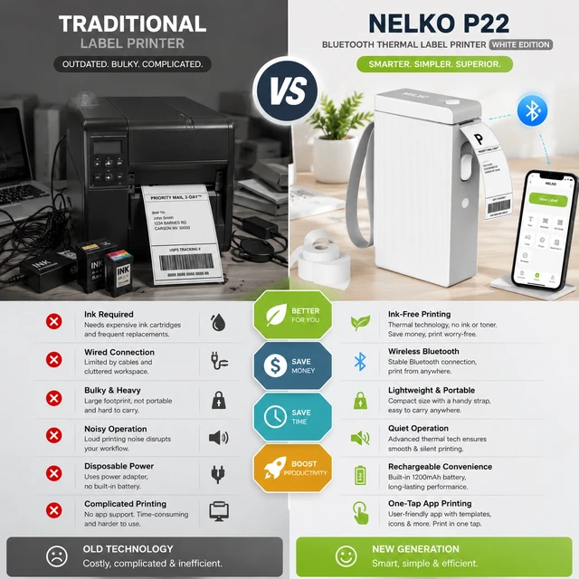 Alt view image 4 of 5 - Nelko P22 Bluetooth Label Maker with 100 & 180 Label Rolls, Portable Inkless Thermal Label Printer, Rechargeable USB-C, QR Code & Barcode Labels for Home, Office & School - White