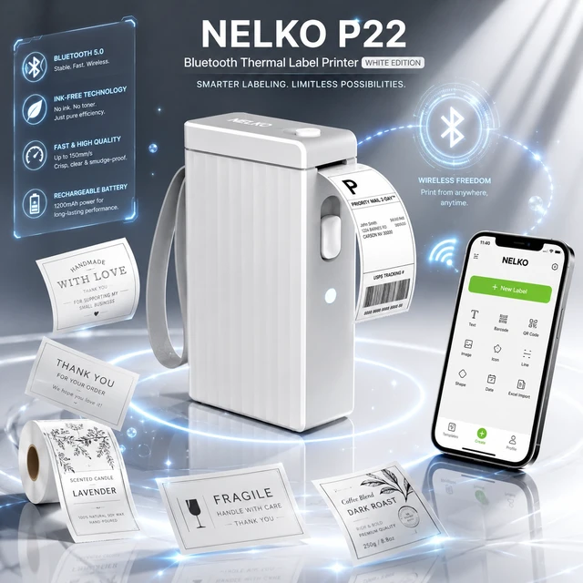 Alt view image 5 of 5 - Nelko P22 Bluetooth Label Maker with 100 & 180 Label Rolls, Portable Inkless Thermal Label Printer, Rechargeable USB-C, QR Code & Barcode Labels for Home, Office & School - White