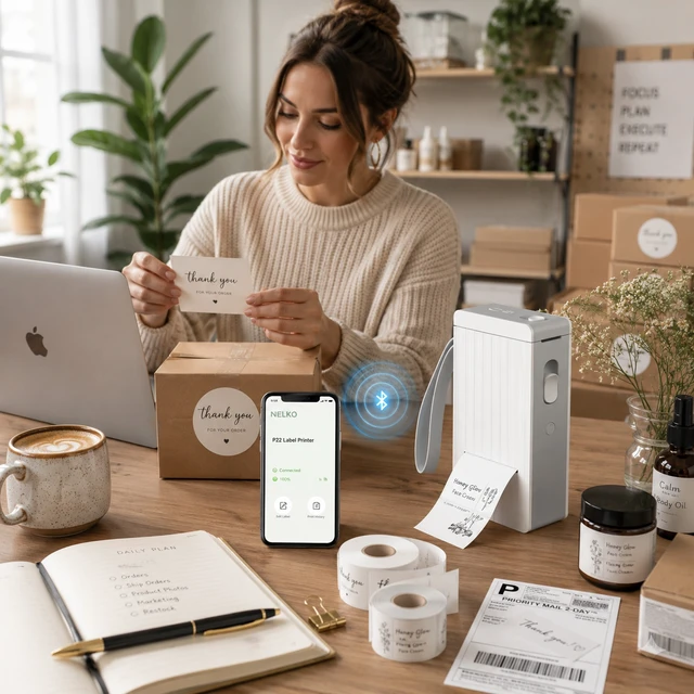 Alt view image 2 of 5 - Nelko P22 Bluetooth Label Maker with 3 x 180pc White Label Rolls, Portable Inkless Thermal Label Printer, Rechargeable USB-C, QR Code & Barcode Labels for Home, Office & School - White