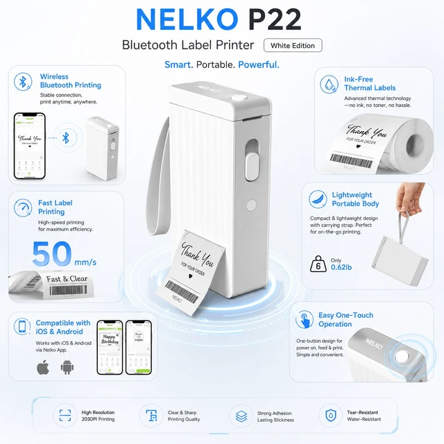 Alt view image 3 of 5 - Nelko P22 Bluetooth Label Maker with 3 x 180pc White Label Rolls, Portable Inkless Thermal Label Printer, Rechargeable USB-C, QR Code & Barcode Labels for Home, Office & School - White