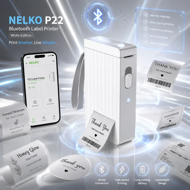 Alt view image 5 of 5 - Nelko P22 Bluetooth Label Maker with 3 x 180pc White Label Rolls, Portable Inkless Thermal Label Printer, Rechargeable USB-C, QR Code & Barcode Labels for Home, Office & School - White