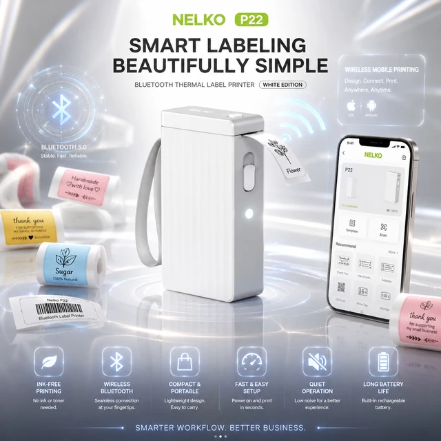 Alt view image 2 of 5 - Nelko P22 Bluetooth Label Maker with 4 Label Rolls (1 White + 3 Color), Portable Inkless Thermal Label Printer, Rechargeable USB-C, QR Code & Barcode Labels for Home, Office & School - White