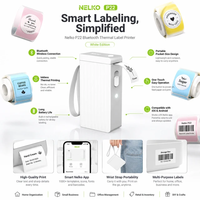 Alt view image 5 of 5 - Nelko P22 Bluetooth Label Maker with 4 Label Rolls (1 White + 3 Color), Portable Inkless Thermal Label Printer, Rechargeable USB-C, QR Code & Barcode Labels for Home, Office & School - White