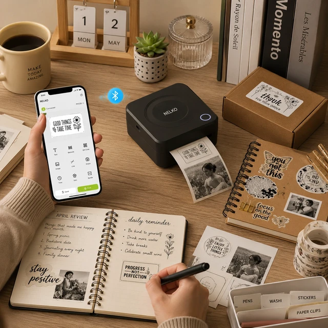 Alt view image 2 of 5 - Nelko PM230 Portable Bluetooth Sticker Printer with 2 Rolls 54mm x 3.5m, Mini Inkless Thermal Sticker & Label Maker, 203 DPI, for Journaling, Photos, Notes, Study & Crafts - Black