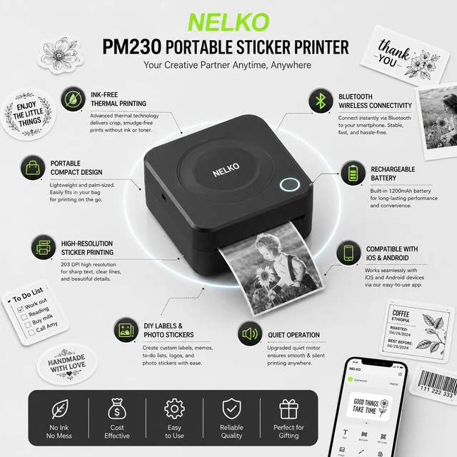 Alt view image 3 of 5 - Nelko PM230 Portable Bluetooth Sticker Printer with 2 Rolls 54mm x 3.5m, Mini Inkless Thermal Sticker & Label Maker, 203 DPI, for Journaling, Photos, Notes, Study & Crafts - Black
