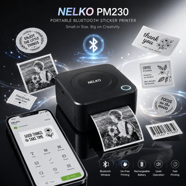 Alt view image 5 of 5 - Nelko PM230 Portable Bluetooth Sticker Printer with 2 Rolls 54mm x 3.5m, Mini Inkless Thermal Sticker & Label Maker, 203 DPI, for Journaling, Photos, Notes, Study & Crafts - Black