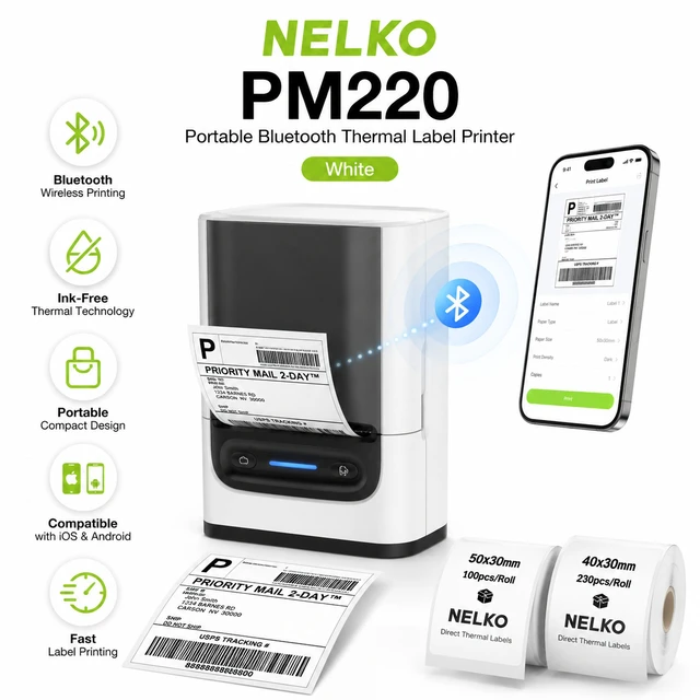 Alt view image 2 of 6 - Nelko PM220 2-Inch Bluetooth Thermal Label Printer with 330 Labels (50x30mm & 40x30mm), Portable Inkless Label Maker for Small Business, Address & Barcode, iOS Android Windows Mac - White