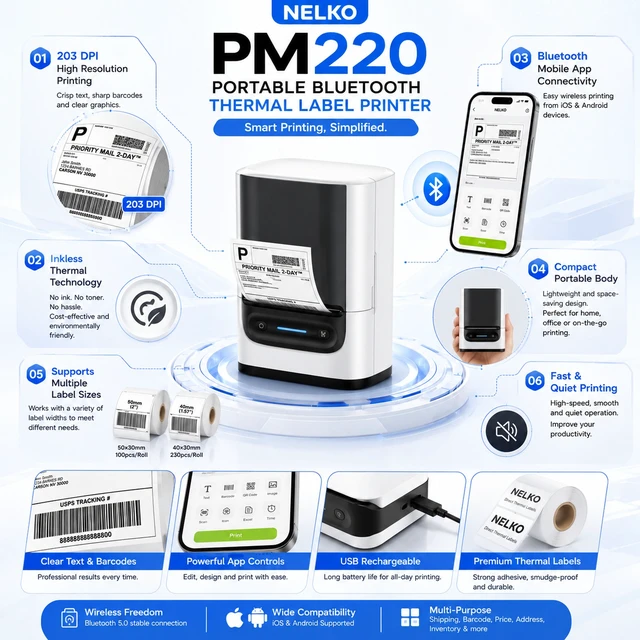 Alt view image 4 of 6 - Nelko PM220 2-Inch Bluetooth Thermal Label Printer with 330 Labels (50x30mm & 40x30mm), Portable Inkless Label Maker for Small Business, Address & Barcode, iOS Android Windows Mac - White