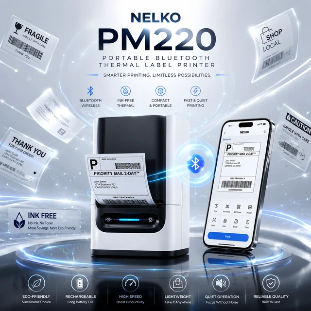 Alt view image 6 of 6 - Nelko PM220 2-Inch Bluetooth Thermal Label Printer with 330 Labels (50x30mm & 40x30mm), Portable Inkless Label Maker for Small Business, Address & Barcode, iOS Android Windows Mac - White