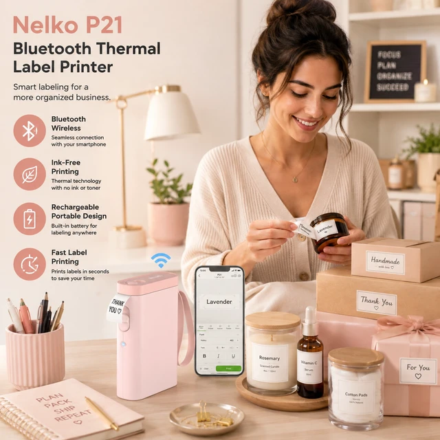 Alt view image 2 of 5 - Nelko P21 Bluetooth Label Maker Machine with 2 Tapes (14x40mm 100 & 180 Labels), Portable Inkless Thermal Label Printer, 203 DPI, Rechargeable, for Home, Office & School - Pink