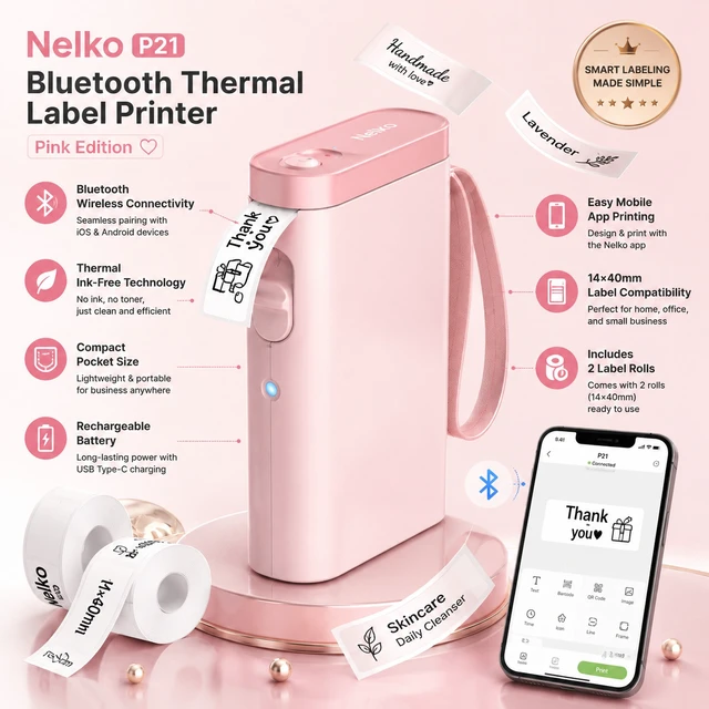 Alt view image 3 of 5 - Nelko P21 Bluetooth Label Maker Machine with 2 Tapes (14x40mm 100 & 180 Labels), Portable Inkless Thermal Label Printer, 203 DPI, Rechargeable, for Home, Office & School - Pink
