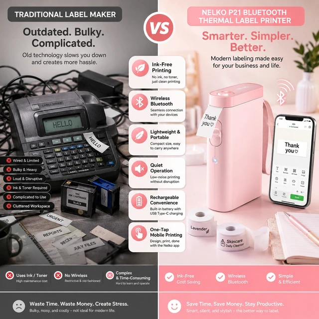 Alt view image 4 of 5 - Nelko P21 Bluetooth Label Maker Machine with 2 Tapes (14x40mm 100 & 180 Labels), Portable Inkless Thermal Label Printer, 203 DPI, Rechargeable, for Home, Office & School - Pink