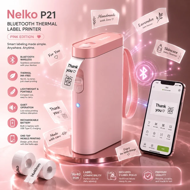 Alt view image 5 of 5 - Nelko P21 Bluetooth Label Maker Machine with 2 Tapes (14x40mm 100 & 180 Labels), Portable Inkless Thermal Label Printer, 203 DPI, Rechargeable, for Home, Office & School - Pink