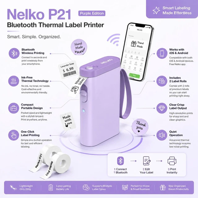 Alt view image 2 of 4 - Nelko P21 Bluetooth Label Maker Machine with 2 Tapes (14x40mm 100 & 180 Labels), Portable Inkless Thermal Label Printer, 203 DPI, Rechargeable, for Home, Office & School - Purple