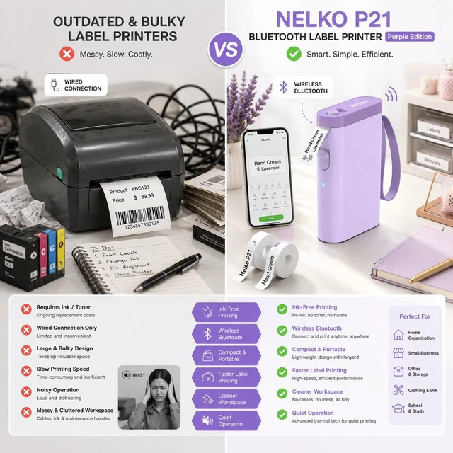 Alt view image 3 of 4 - Nelko P21 Bluetooth Label Maker Machine with 2 Tapes (14x40mm 100 & 180 Labels), Portable Inkless Thermal Label Printer, 203 DPI, Rechargeable, for Home, Office & School - Purple