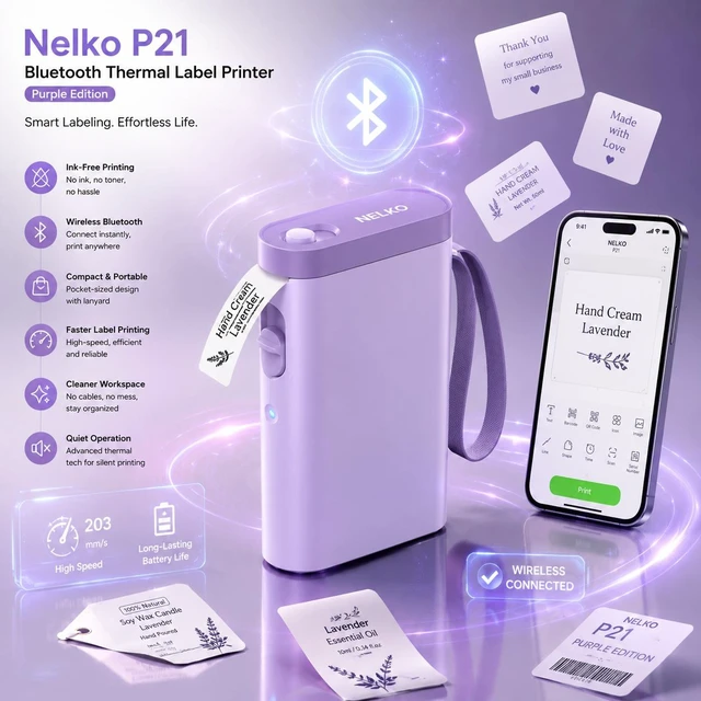 Alt view image 4 of 4 - Nelko P21 Bluetooth Label Maker Machine with 2 Tapes (14x40mm 100 & 180 Labels), Portable Inkless Thermal Label Printer, 203 DPI, Rechargeable, for Home, Office & School - Purple