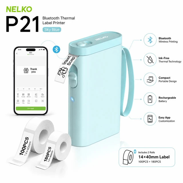 Alt view image 2 of 5 - Nelko P21 Bluetooth Label Maker Machine with 2 Tapes (14x40mm 100 & 180 Labels), Portable Inkless Thermal Label Printer, 203 DPI, Rechargeable, for Home, Office & School - Sky Blue