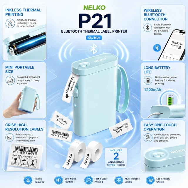Alt view image 4 of 5 - Nelko P21 Bluetooth Label Maker Machine with 2 Tapes (14x40mm 100 & 180 Labels), Portable Inkless Thermal Label Printer, 203 DPI, Rechargeable, for Home, Office & School - Sky Blue