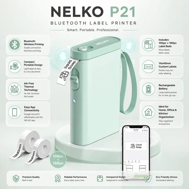 Alt view image 3 of 6 - Nelko P21 Bluetooth Label Maker Machine with 2 Tapes (14x40mm 100 & 180 Labels), Portable Inkless Thermal Label Printer, 203 DPI, Rechargeable, for Home, Office & School - Green