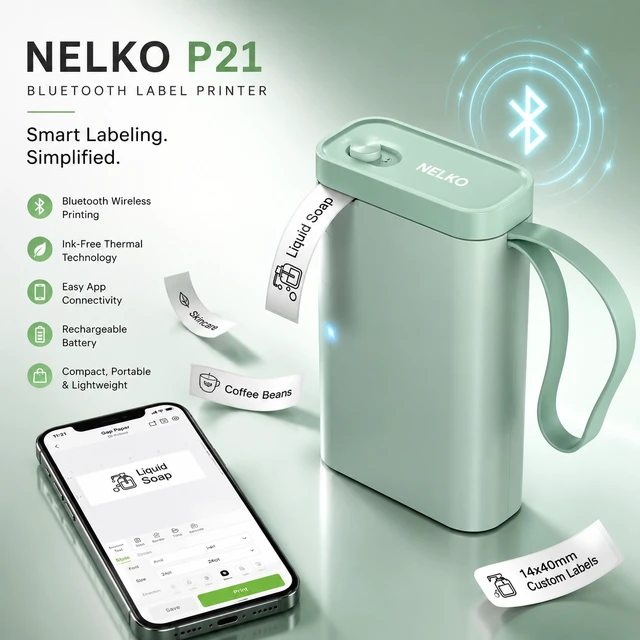Alt view image 6 of 6 - Nelko P21 Bluetooth Label Maker Machine with 2 Tapes (14x40mm 100 & 180 Labels), Portable Inkless Thermal Label Printer, 203 DPI, Rechargeable, for Home, Office & School - Green