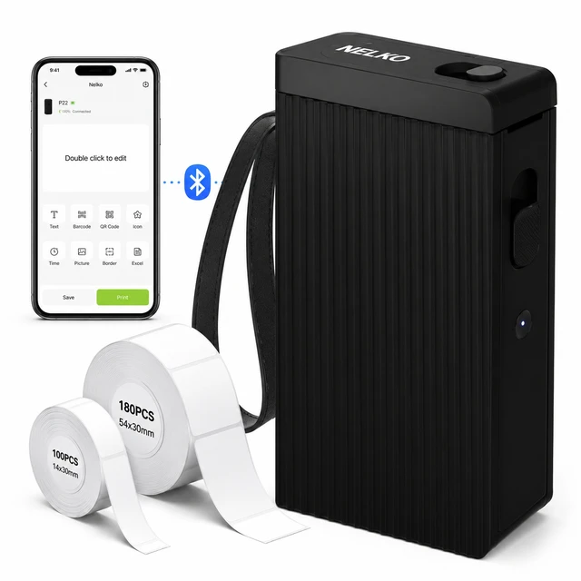 Alt view image 2 of 6 - Nelko P22 Bluetooth Label Maker with 100 & 180 Label Rolls, Portable Inkless Thermal Label Printer, Rechargeable USB-C, QR Code & Barcode Labels for Home, Office & School - Black