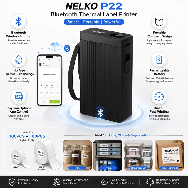 Alt view image 3 of 6 - Nelko P22 Bluetooth Label Maker with 100 & 180 Label Rolls, Portable Inkless Thermal Label Printer, Rechargeable USB-C, QR Code & Barcode Labels for Home, Office & School - Black