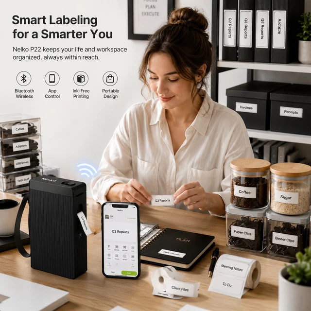 Alt view image 4 of 6 - Nelko P22 Bluetooth Label Maker with 100 & 180 Label Rolls, Portable Inkless Thermal Label Printer, Rechargeable USB-C, QR Code & Barcode Labels for Home, Office & School - Black