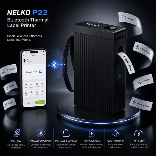 Alt view image 6 of 6 - Nelko P22 Bluetooth Label Maker with 100 & 180 Label Rolls, Portable Inkless Thermal Label Printer, Rechargeable USB-C, QR Code & Barcode Labels for Home, Office & School - Black