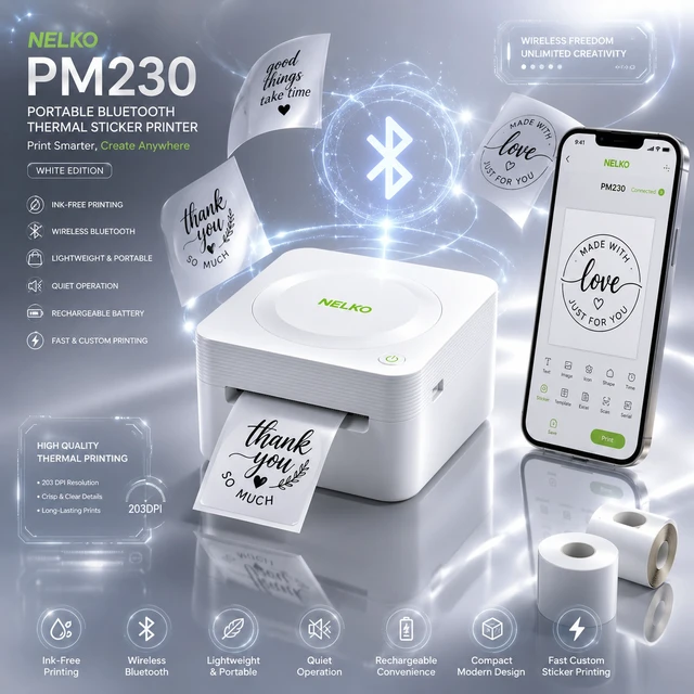 Alt view image 5 of 5 - Nelko PM230 Portable Bluetooth Sticker Printer with 2 Rolls 54mm x 3.5m, Mini Inkless Thermal Sticker & Label Maker, 203 DPI, for Journaling, Photos, Notes, Study & Crafts - White