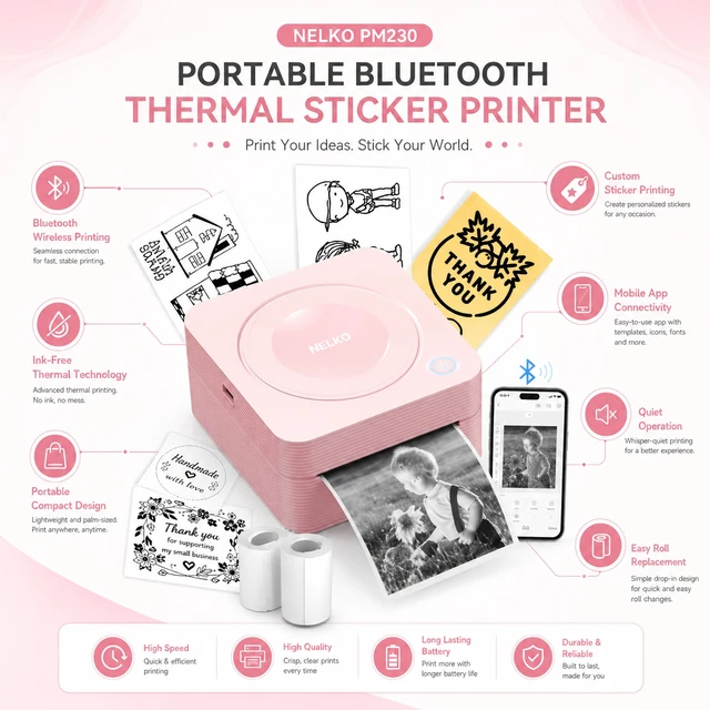 Alt view image 3 of 5 - Nelko PM230 Portable Bluetooth Sticker Printer with 2 Rolls 54mm x 3.5m, Mini Inkless Thermal Sticker & Label Maker, 203 DPI, for Journaling, Photos, Notes, Study & Crafts - Pink