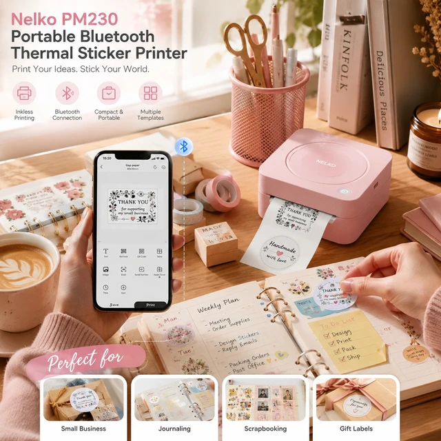 Alt view image 2 of 5 - Nelko PM230 Portable Bluetooth Sticker Printer with 2 Rolls 54mm x 3.5m, Mini Inkless Thermal Sticker & Label Maker, 203 DPI, for Journaling, Photos, Notes, Study & Crafts - Pink