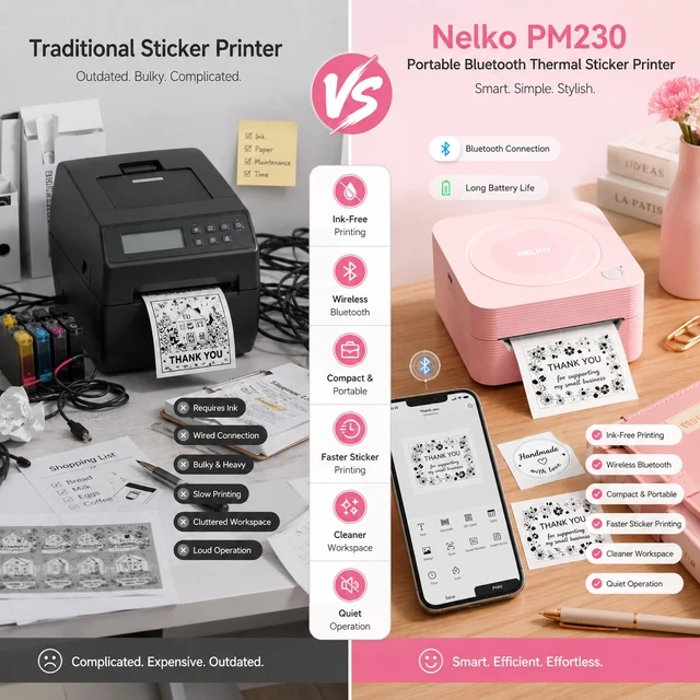 Alt view image 4 of 5 - Nelko PM230 Portable Bluetooth Sticker Printer with 2 Rolls 54mm x 3.5m, Mini Inkless Thermal Sticker & Label Maker, 203 DPI, for Journaling, Photos, Notes, Study & Crafts - Pink