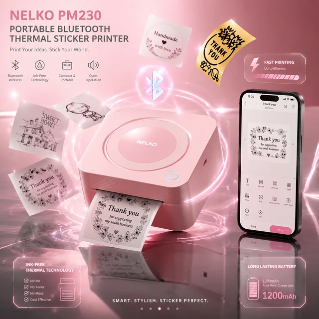 Alt view image 5 of 5 - Nelko PM230 Portable Bluetooth Sticker Printer with 2 Rolls 54mm x 3.5m, Mini Inkless Thermal Sticker & Label Maker, 203 DPI, for Journaling, Photos, Notes, Study & Crafts - Pink