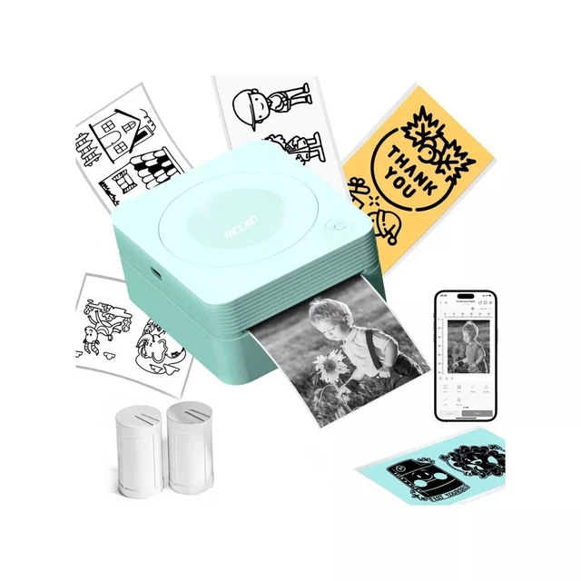 Alt view image 2 of 6 - Nelko PM230 Portable Bluetooth Sticker Printer with 2 Rolls 54mm x 3.5m, Mini Inkless Thermal Sticker & Label Maker, 203 DPI, for Journaling, Photos, Notes, Study & Crafts - Green