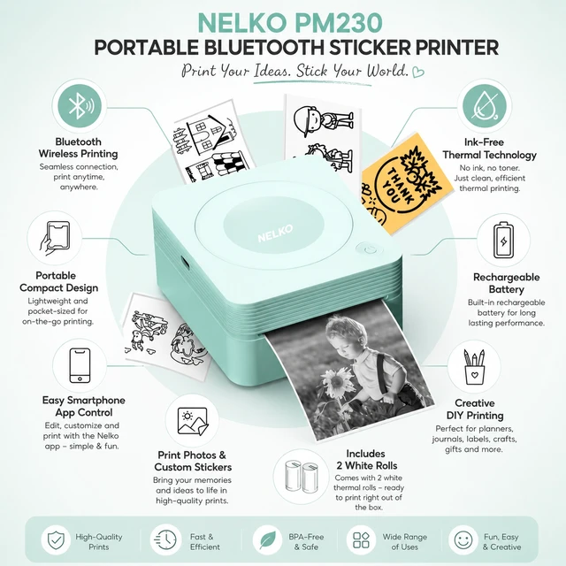Alt view image 3 of 6 - Nelko PM230 Portable Bluetooth Sticker Printer with 2 Rolls 54mm x 3.5m, Mini Inkless Thermal Sticker & Label Maker, 203 DPI, for Journaling, Photos, Notes, Study & Crafts - Green