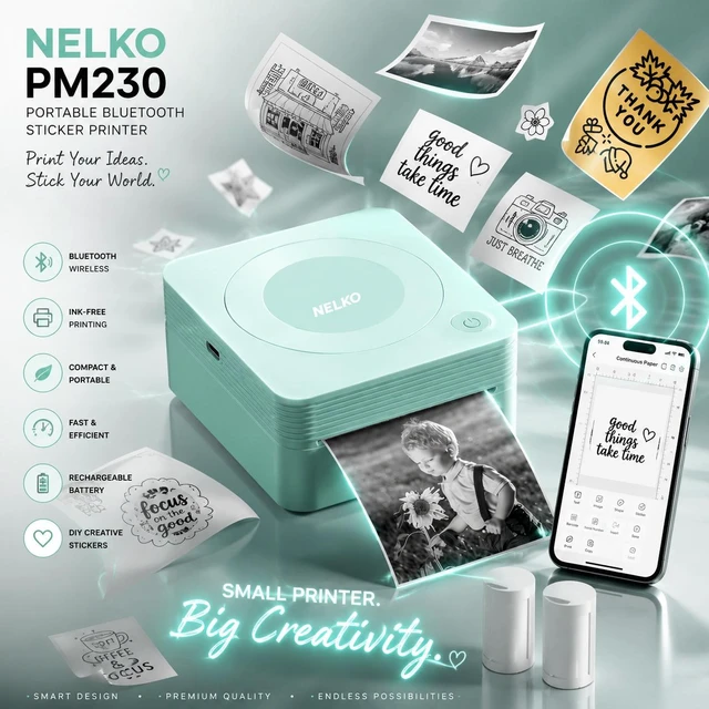 Alt view image 5 of 6 - Nelko PM230 Portable Bluetooth Sticker Printer with 2 Rolls 54mm x 3.5m, Mini Inkless Thermal Sticker & Label Maker, 203 DPI, for Journaling, Photos, Notes, Study & Crafts - Green
