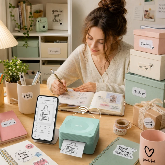 Alt view image 4 of 6 - Nelko PM230 Portable Bluetooth Sticker Printer with 2 Rolls 54mm x 3.5m, Mini Inkless Thermal Sticker & Label Maker, 203 DPI, for Journaling, Photos, Notes, Study & Crafts - Green