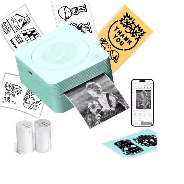 Main image of Nelko PM230 Portable Bluetooth Sticker Printer with 2 Rolls 54mm x 3.5m, Mini Inkless Thermal Sticker & Label Maker, 203 DPI, for Journaling, Photos, Notes, Study & Crafts - Green
