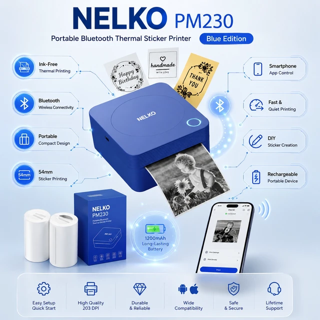 Alt view image 3 of 5 - Nelko PM230 Portable Bluetooth Sticker Printer with 2 Rolls 54mm x 3.5m, Mini Inkless Thermal Sticker & Label Maker, 203 DPI, for Journaling, Photos, Notes, Study & Crafts - Blue
