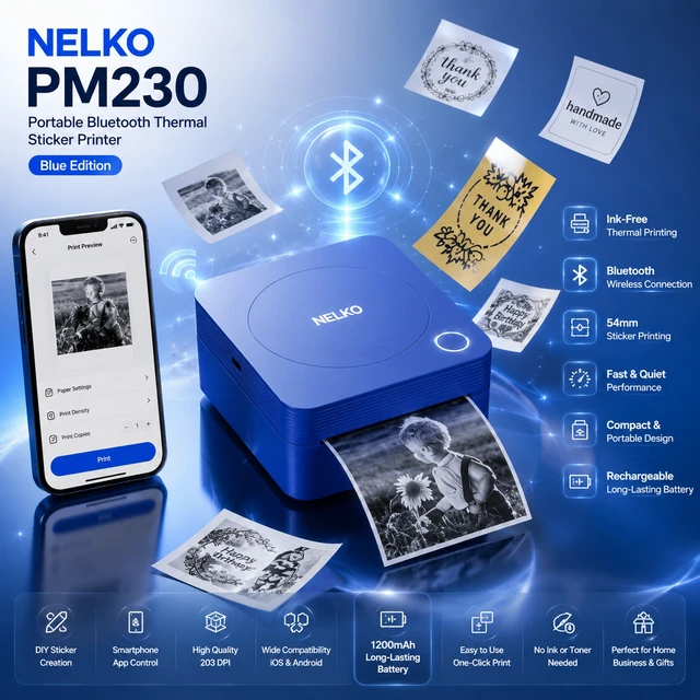 Alt view image 5 of 5 - Nelko PM230 Portable Bluetooth Sticker Printer with 2 Rolls 54mm x 3.5m, Mini Inkless Thermal Sticker & Label Maker, 203 DPI, for Journaling, Photos, Notes, Study & Crafts - Blue